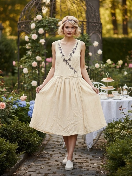 Akualani Dresses & Skirts - Flapper Drop waist Embroidered Cotton Gatsby Garden Party Tea Dress NWOT